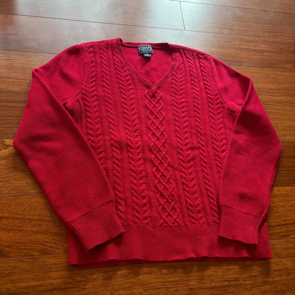 Chaps Classics Red Cable Knit V-Neck Sweater Cotton Blend Large Preppy Sweater